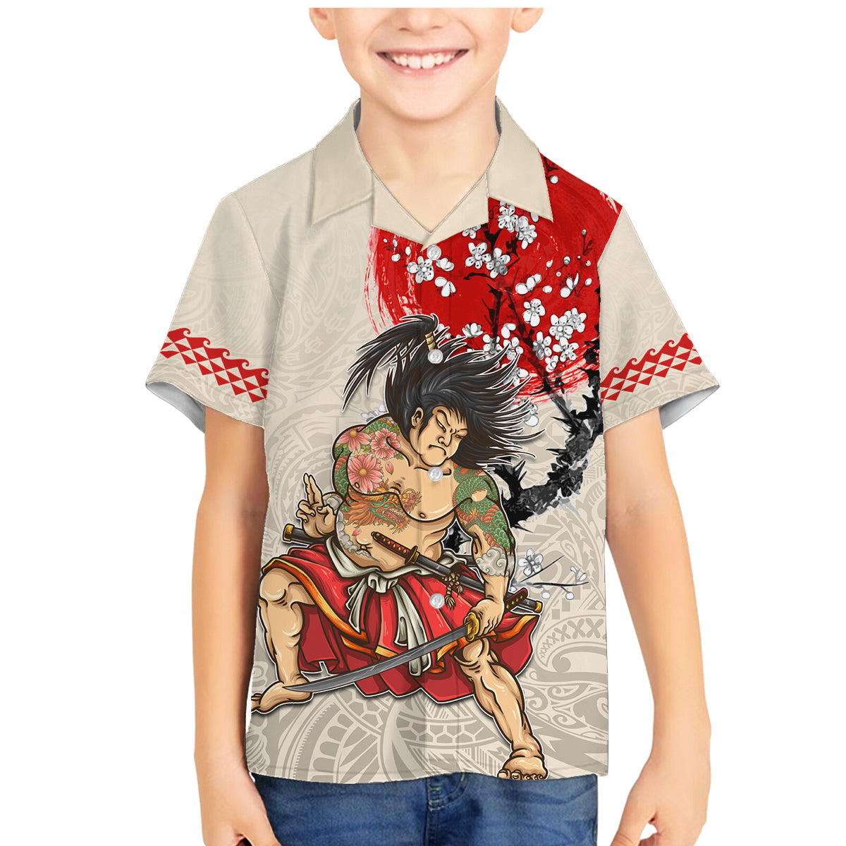 Personalised Japanese Culture Hawaii Style Family Matching Mermaid Dress and Hawaiian Shirt Japanese Samurai with Hawaiian Pattern LT03 Son's Shirt Beige - Polynesian Pride