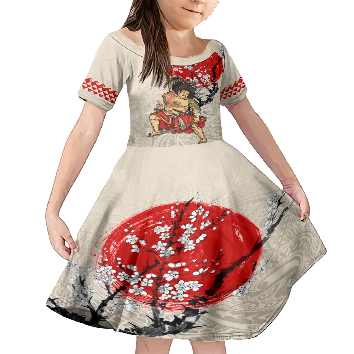 Personalised Japanese Culture Hawaii Style Family Matching Off Shoulder Maxi Dress and Hawaiian Shirt Japanese Samurai with Hawaiian Pattern LT03 Daughter's Dress Beige - Polynesian Pride