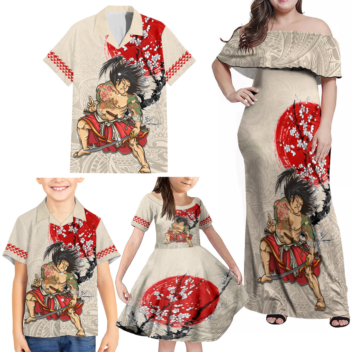 Personalised Japanese Culture Hawaii Style Family Matching Off Shoulder Maxi Dress and Hawaiian Shirt Japanese Samurai with Hawaiian Pattern LT03 - Polynesian Pride