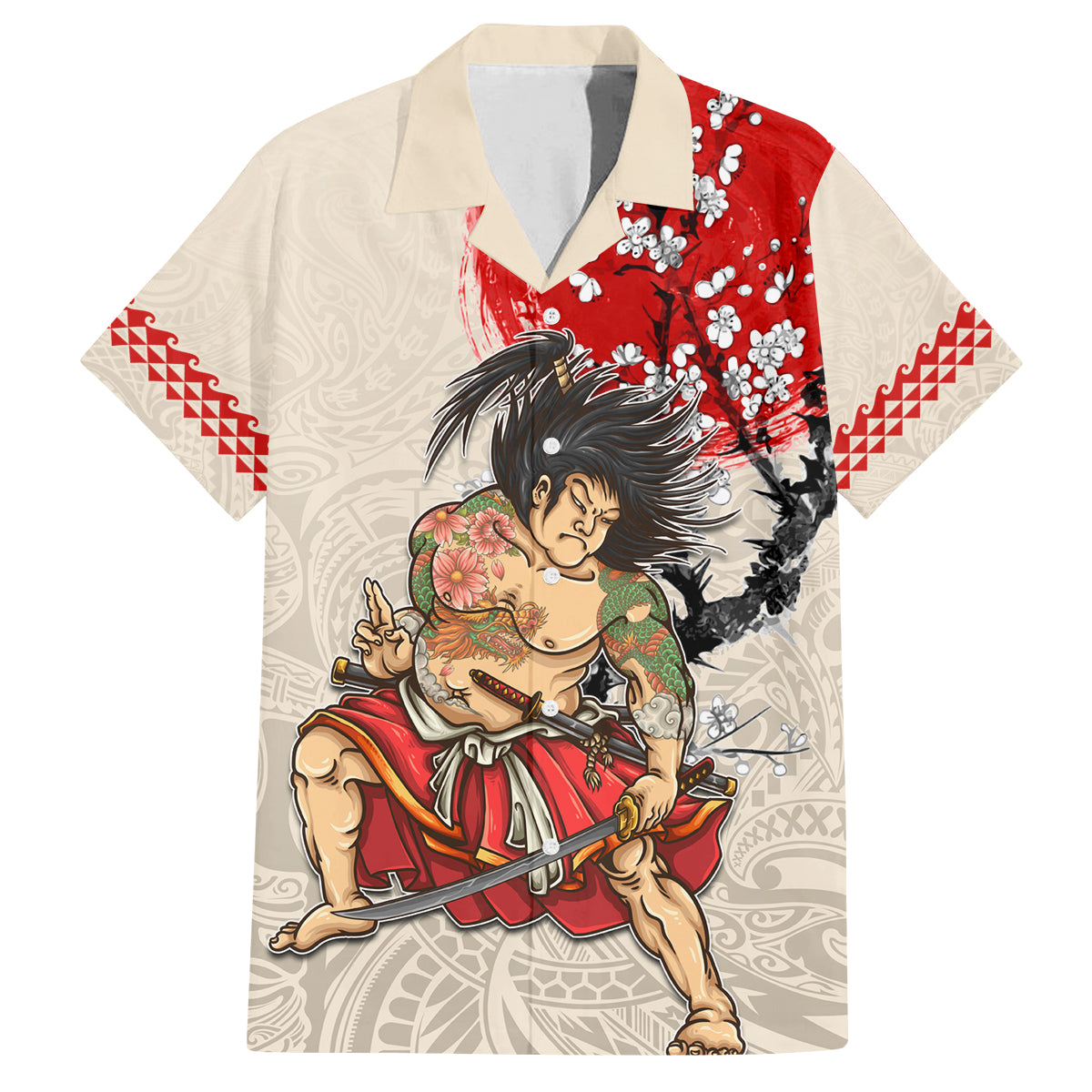 Personalised Japanese Culture Hawaii Style Family Matching Off Shoulder Maxi Dress and Hawaiian Shirt Japanese Samurai with Hawaiian Pattern LT03 Dad's Shirt - Short Sleeve Beige - Polynesian Pride