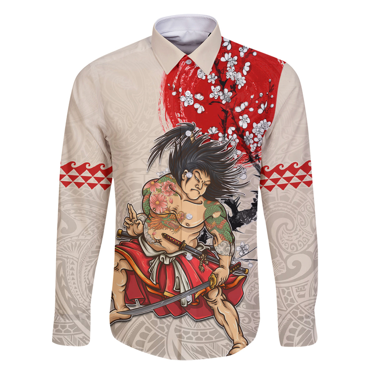 Personalised Japanese Culture Hawaii Style Family Matching Off Shoulder Maxi Dress and Hawaiian Shirt Japanese Samurai with Hawaiian Pattern LT03 Dad's Shirt - Long Sleeve Beige - Polynesian Pride
