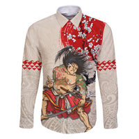 Personalised Japanese Culture Hawaii Style Family Matching Off Shoulder Maxi Dress and Hawaiian Shirt Japanese Samurai with Hawaiian Pattern LT03 Dad's Shirt - Long Sleeve Beige - Polynesian Pride