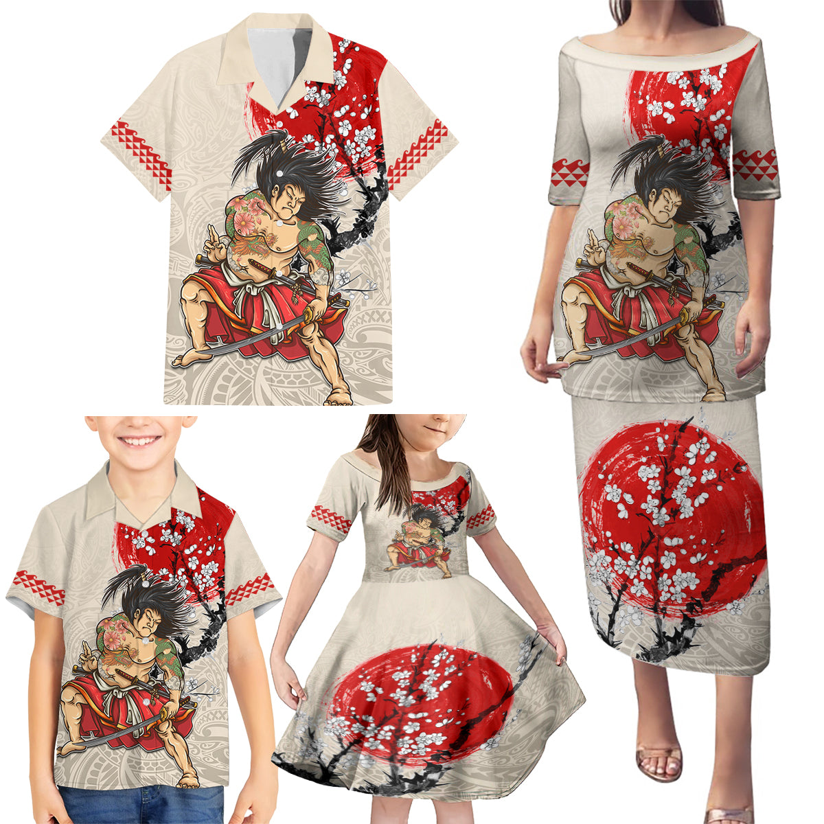 Personalised Japanese Culture Hawaii Style Family Matching Puletasi and Hawaiian Shirt Japanese Samurai with Hawaiian Pattern LT03 - Polynesian Pride