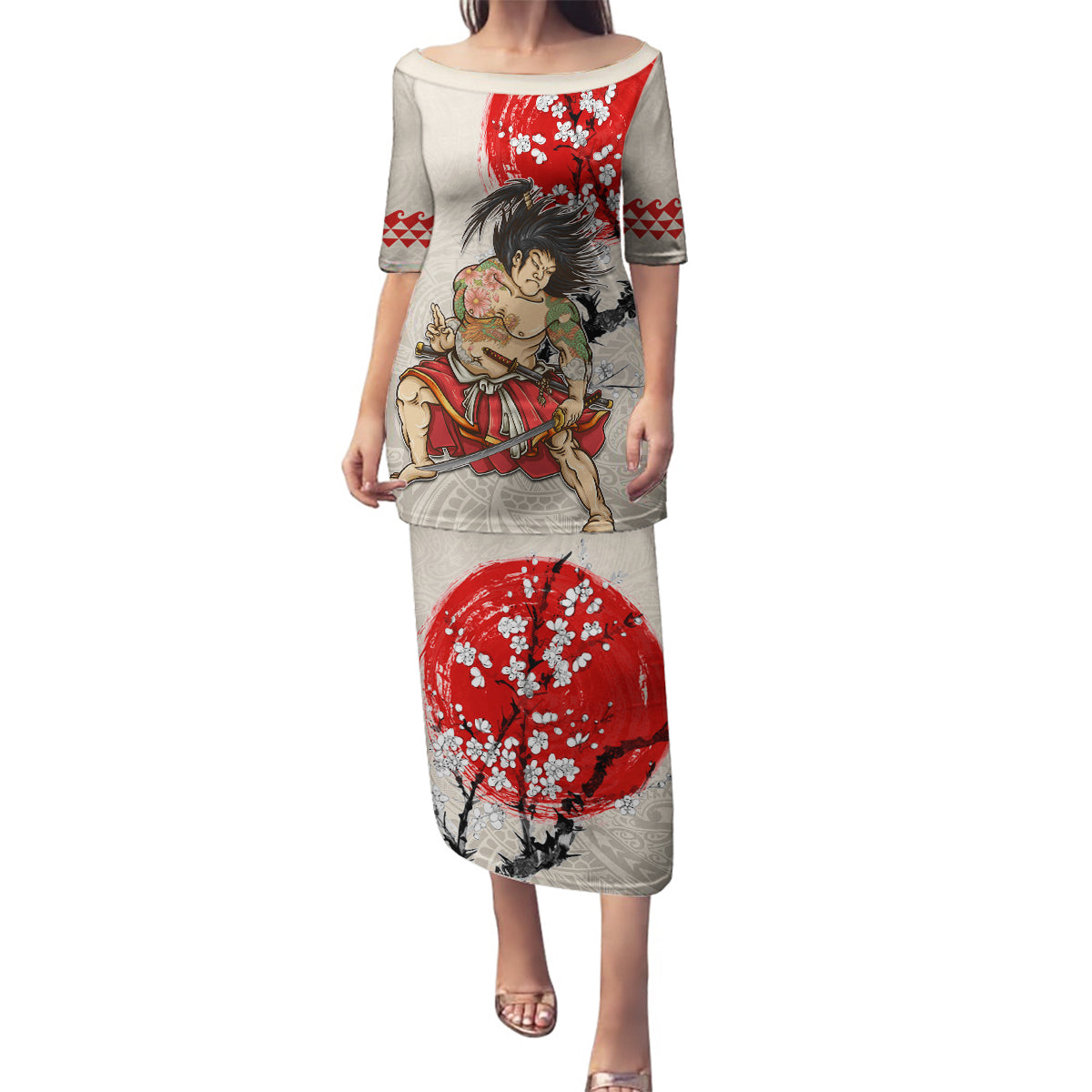Personalised Japanese Culture Hawaii Style Family Matching Puletasi and Hawaiian Shirt Japanese Samurai with Hawaiian Pattern LT03 Mom's Dress Beige - Polynesian Pride