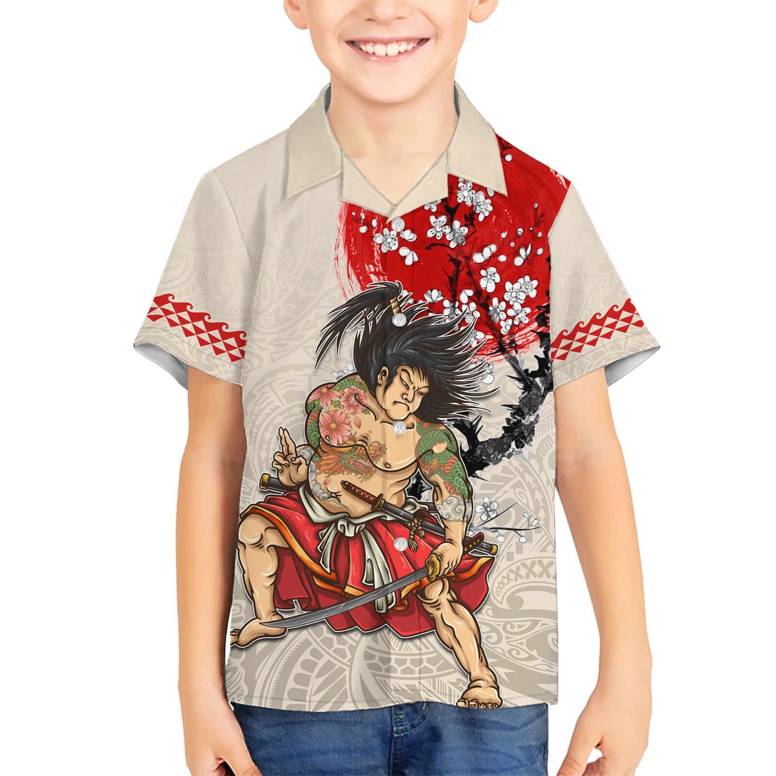 Personalised Japanese Culture Hawaii Style Kid Hawaiian Shirt Japanese Samurai with Hawaiian Pattern LT03 Kid Beige - Polynesian Pride