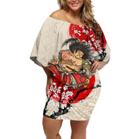 Personalised Japanese Culture Hawaii Style Off Shoulder Short Dress Japanese Samurai with Hawaiian Pattern LT03 Women Beige - Polynesian Pride