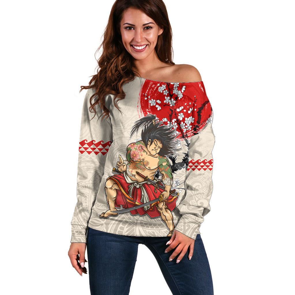 Personalised Pan-Pacific Festival Off Shoulder Sweater Japanese Samurai with Hawaiian Pattern
