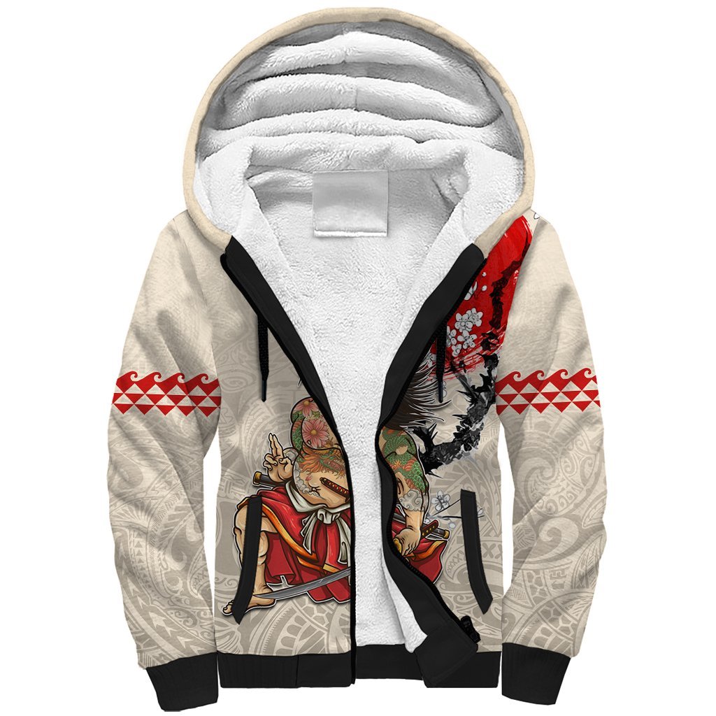 Personalised Japanese Culture Hawaii Style Sherpa Hoodie Japanese Samurai with Hawaiian Pattern LT03 Unisex Beige - Polynesian Pride