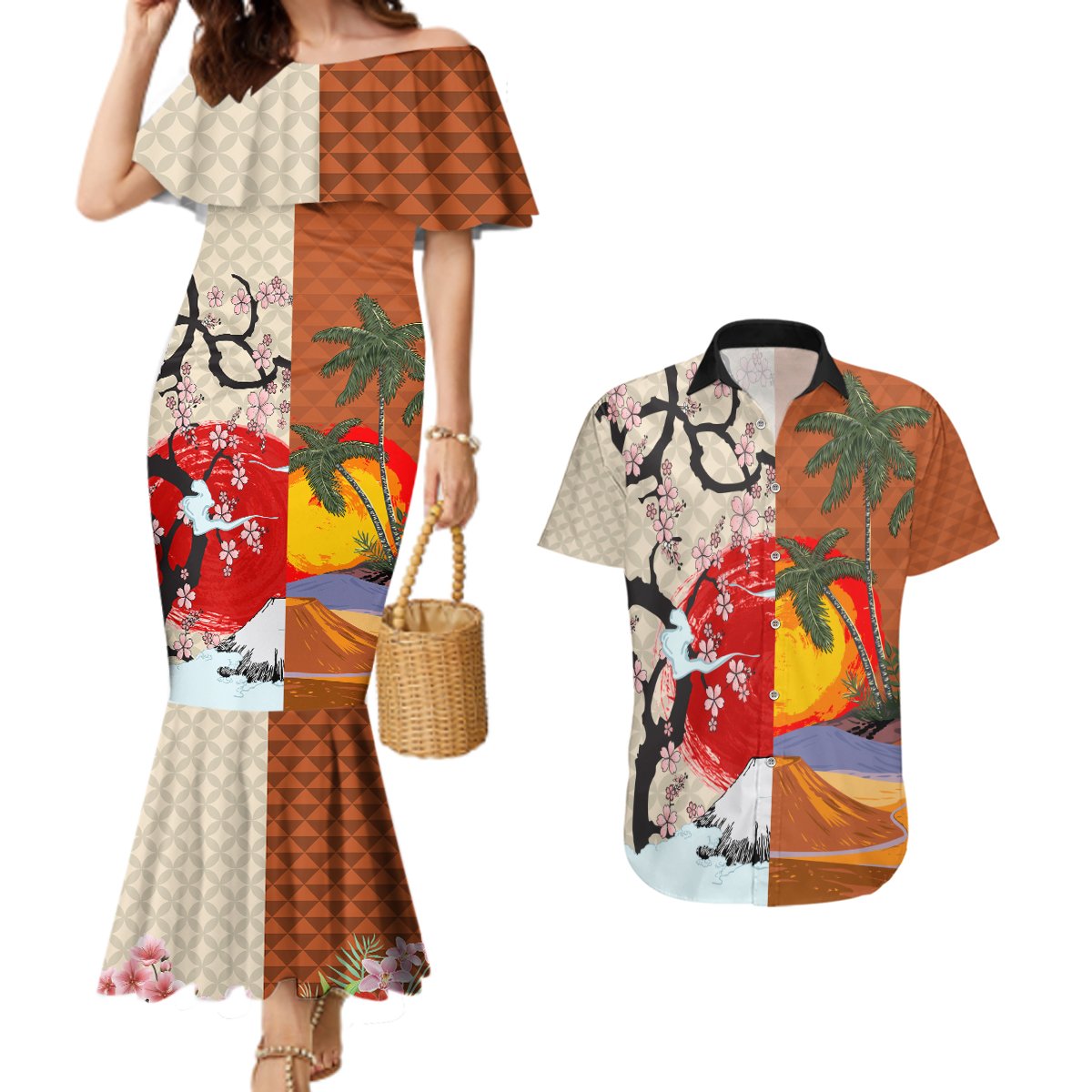 Japanese Culture Hawaii Style Couples Matching Mermaid Dress and Hawaiian Shirt Mauna Kea and Fuji Mountains LT03 Brown - Polynesian Pride