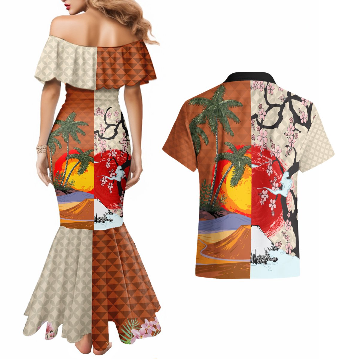 Japanese Culture Hawaii Style Couples Matching Mermaid Dress and Hawaiian Shirt Mauna Kea and Fuji Mountains LT03 - Polynesian Pride
