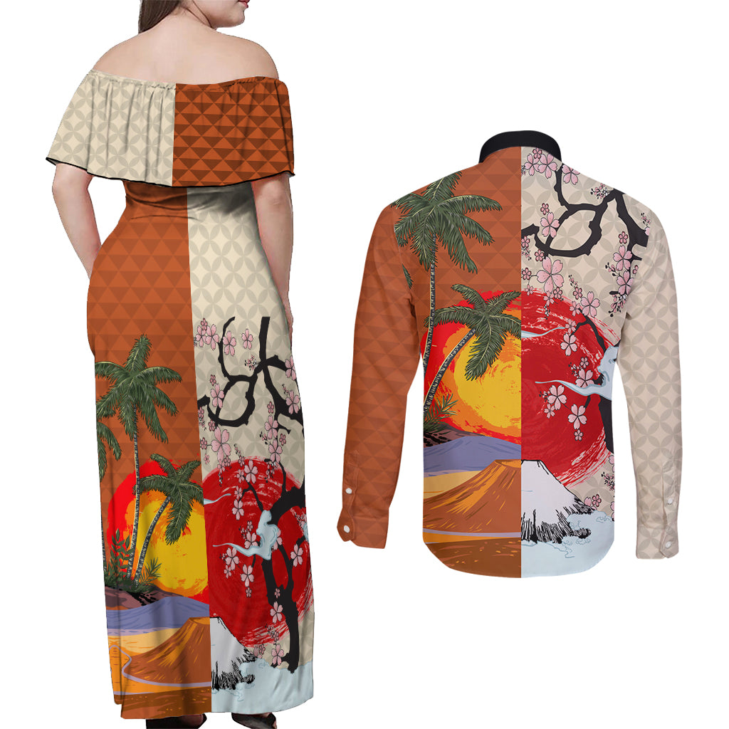 Pan-Pacific Festival Couples Matching Off Shoulder Maxi Dress and Long Sleeve Button Shirt Mauna Kea and Fuji Mountains