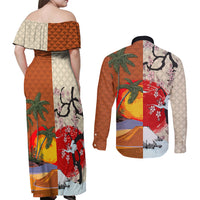 Pan-Pacific Festival Couples Matching Off Shoulder Maxi Dress and Long Sleeve Button Shirt Mauna Kea and Fuji Mountains