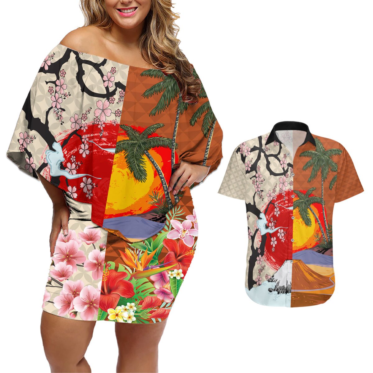 Pan-Pacific Festival Couples Matching Off Shoulder Short Dress and Hawaiian Shirt Mauna Kea and Fuji Mountains