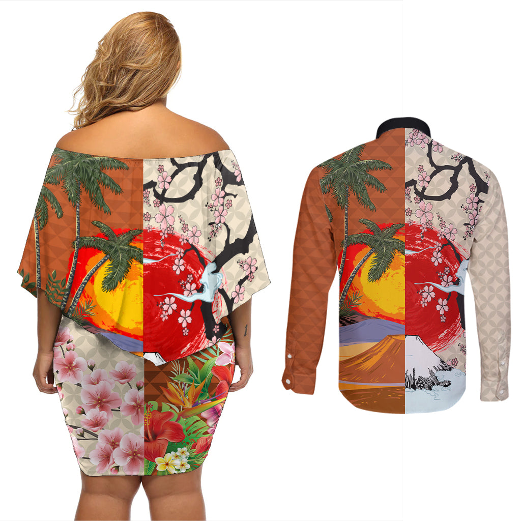 Pan-Pacific Festival Couples Matching Off Shoulder Short Dress and Long Sleeve Button Shirt Mauna Kea and Fuji Mountains