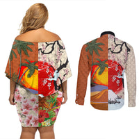 Pan-Pacific Festival Couples Matching Off Shoulder Short Dress and Long Sleeve Button Shirt Mauna Kea and Fuji Mountains