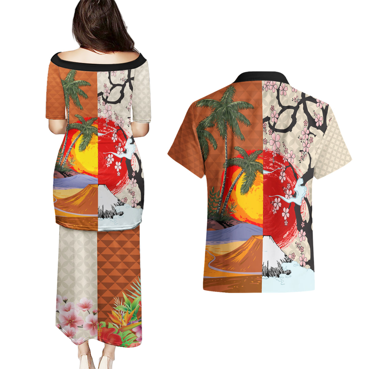 Japanese Culture Hawaii Style Couples Matching Puletasi and Hawaiian Shirt Mauna Kea and Fuji Mountains LT03 - Polynesian Pride