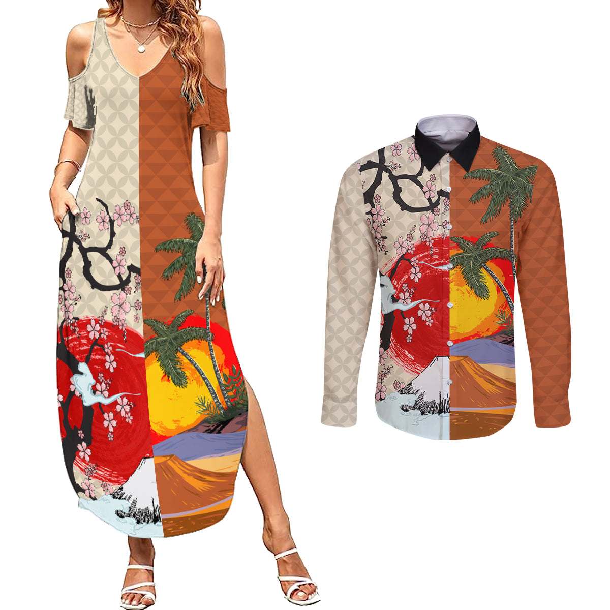 Pan-Pacific Festival Couples Matching Summer Maxi Dress and Long Sleeve Button Shirt Mauna Kea and Fuji Mountains
