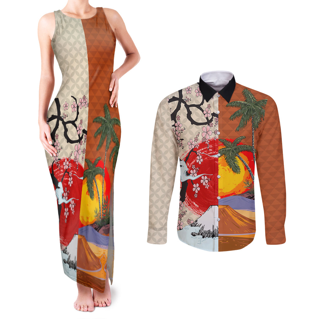 Pan-Pacific Festival Couples Matching Tank Maxi Dress and Long Sleeve Button Shirt Mauna Kea and Fuji Mountains