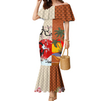 Japanese Culture Hawaii Style Family Matching Mermaid Dress and Hawaiian Shirt Mauna Kea and Fuji Mountains LT03 Mom's Dress Brown - Polynesian Pride