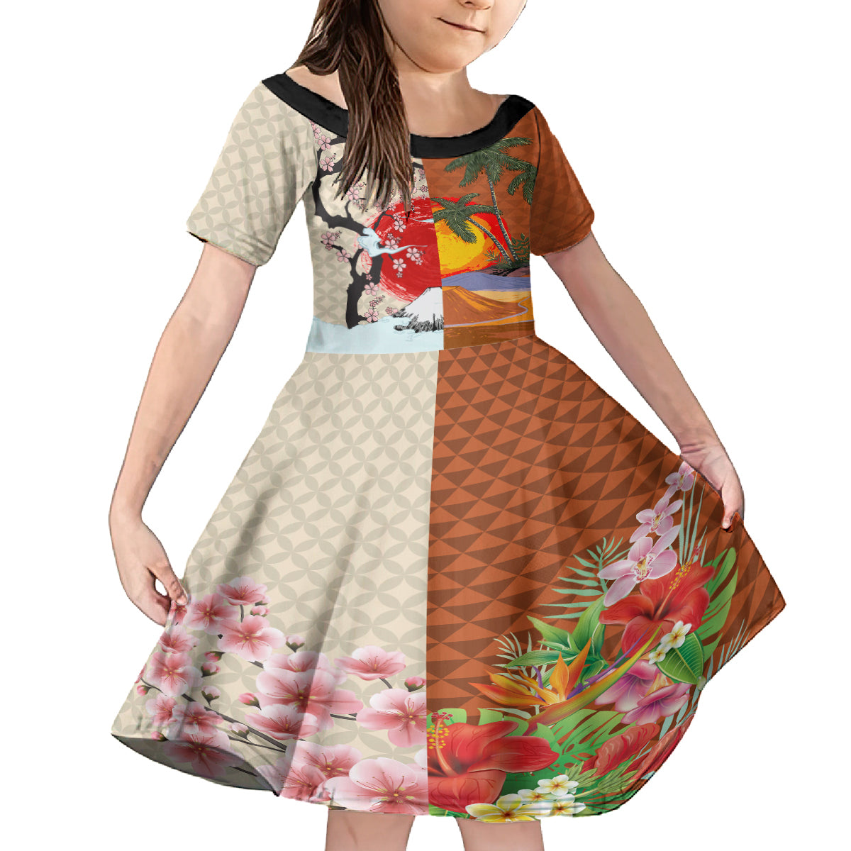 Japanese Culture Hawaii Style Family Matching Off Shoulder Maxi Dress and Hawaiian Shirt Mauna Kea and Fuji Mountains LT03 Daughter's Dress Brown - Polynesian Pride