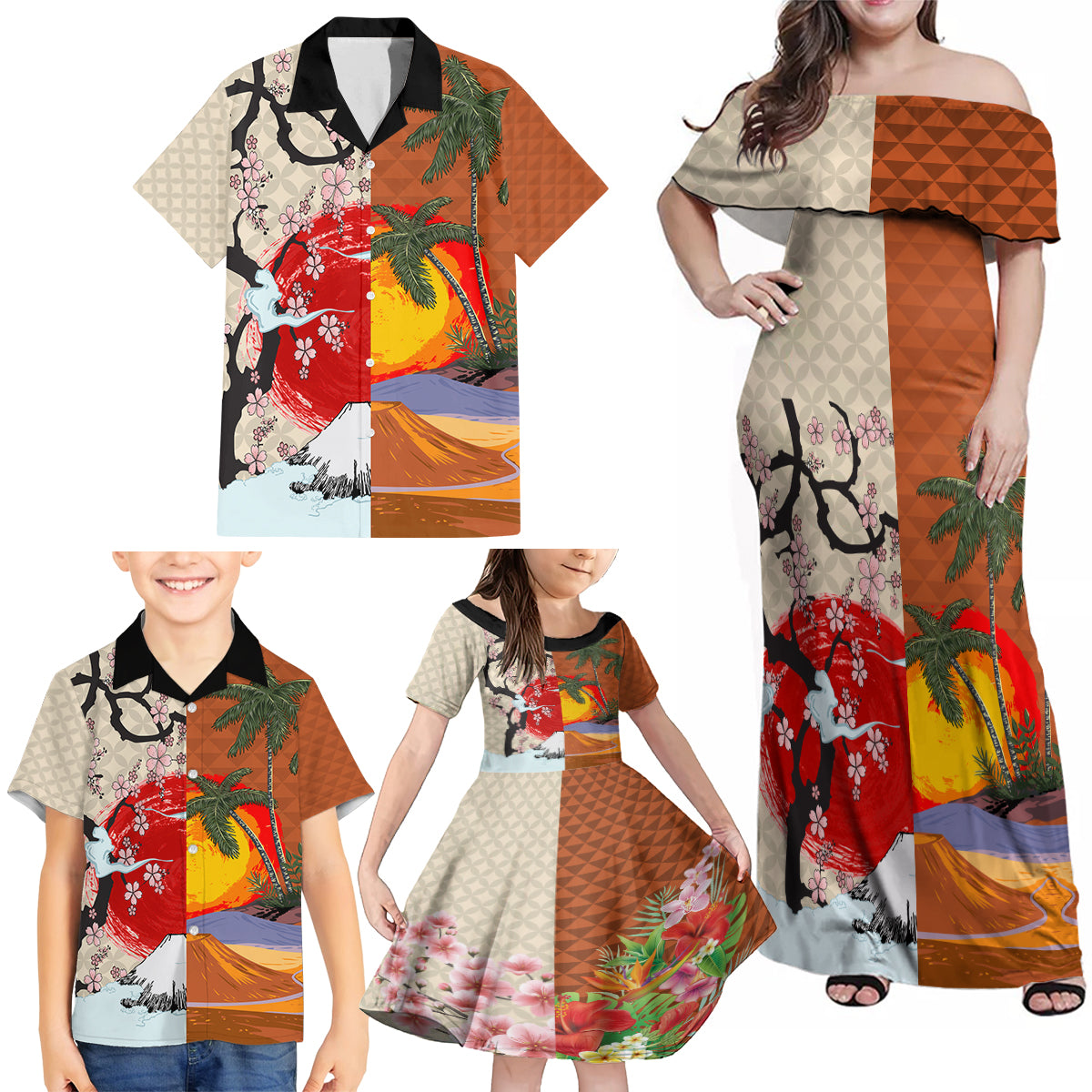 Japanese Culture Hawaii Style Family Matching Off Shoulder Maxi Dress and Hawaiian Shirt Mauna Kea and Fuji Mountains LT03 - Polynesian Pride