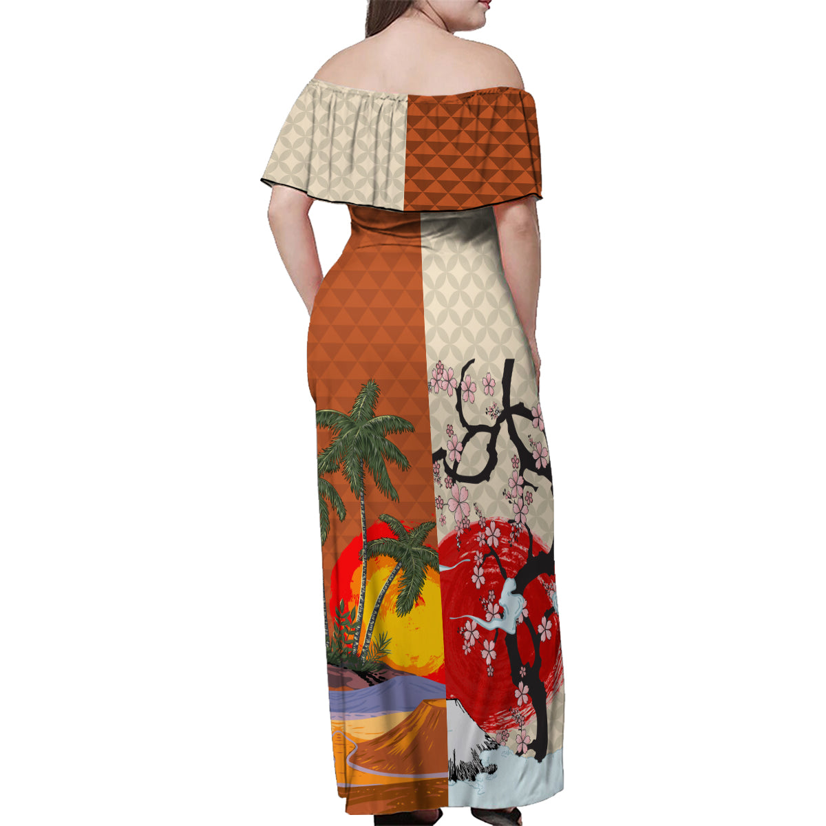 Japanese Culture Hawaii Style Family Matching Off Shoulder Maxi Dress and Hawaiian Shirt Mauna Kea and Fuji Mountains LT03 - Polynesian Pride