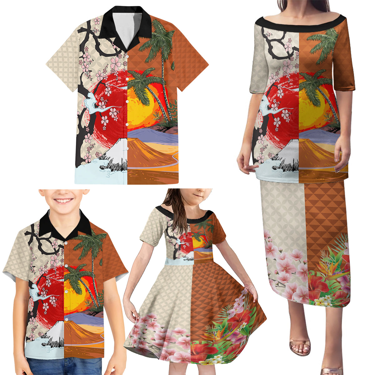 Japanese Culture Hawaii Style Family Matching Puletasi and Hawaiian Shirt Mauna Kea and Fuji Mountains LT03 - Polynesian Pride