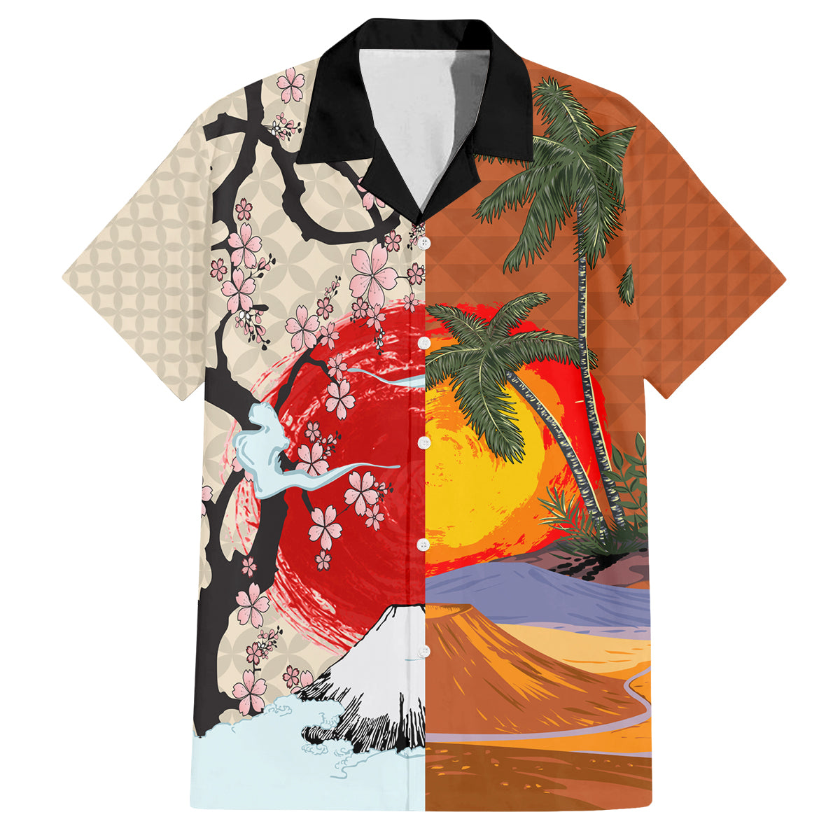 Japanese Culture Hawaii Style Family Matching Puletasi and Hawaiian Shirt Mauna Kea and Fuji Mountains LT03 Dad's Shirt - Short Sleeve Brown - Polynesian Pride