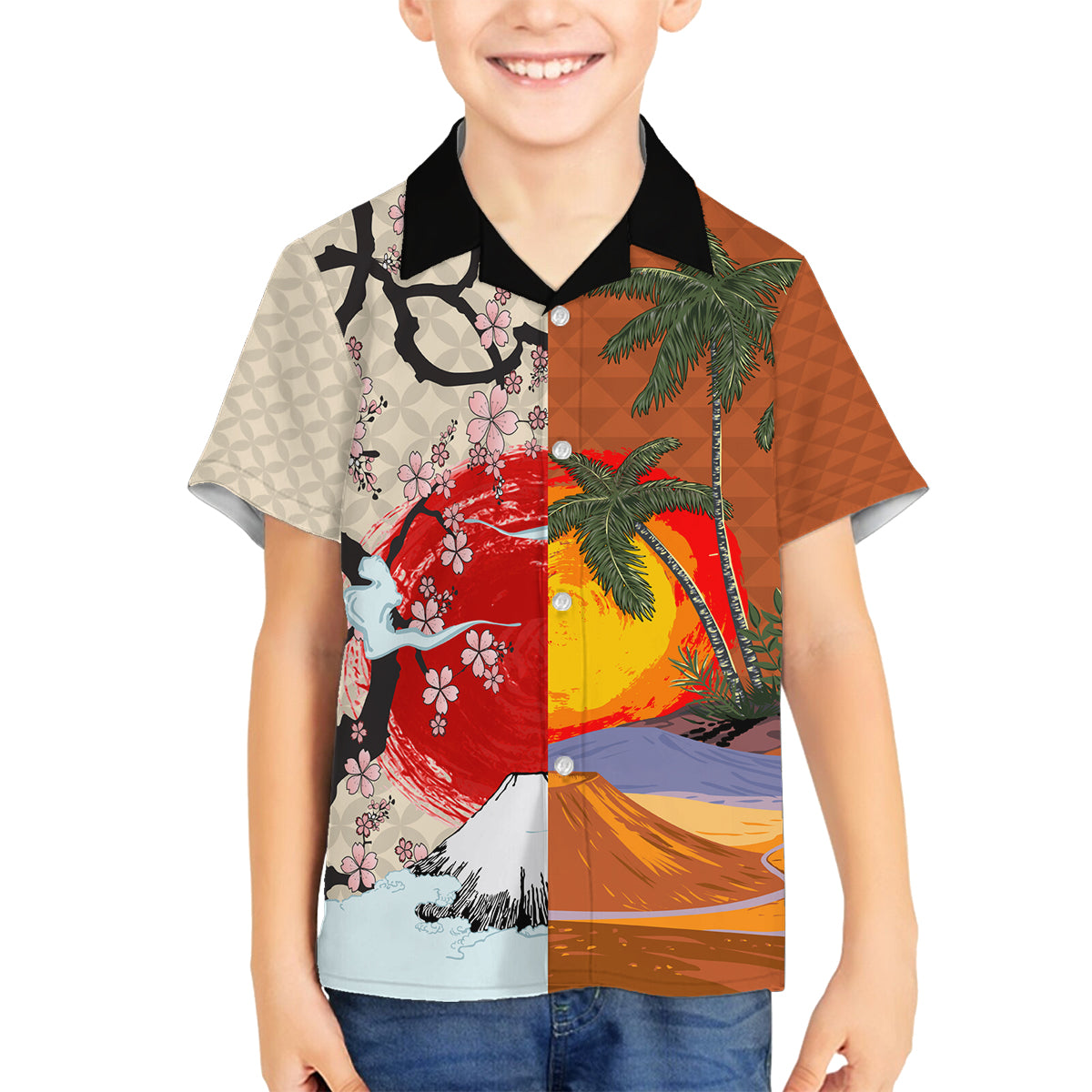 Japanese Culture Hawaii Style Family Matching Puletasi and Hawaiian Shirt Mauna Kea and Fuji Mountains LT03 Son's Shirt Brown - Polynesian Pride