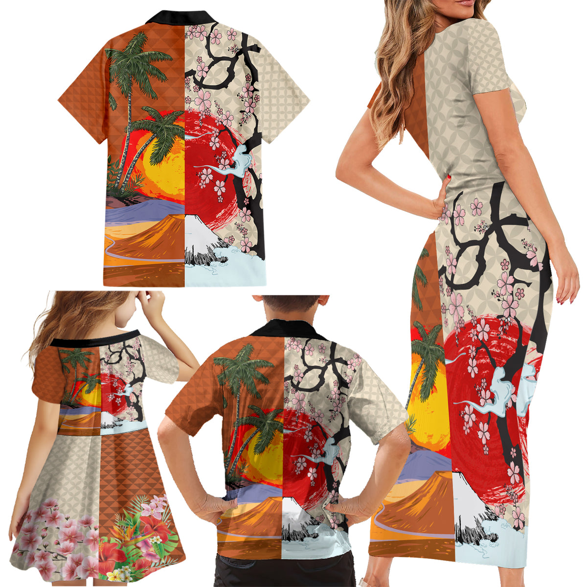 Pan-Pacific Festival Family Matching Short Sleeve Bodycon Dress and Hawaiian Shirt Mauna Kea and Fuji Mountains