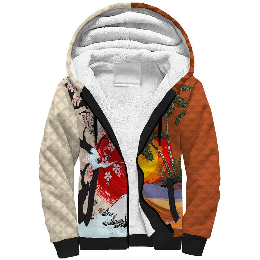 Japanese Culture Hawaii Style Sherpa Hoodie Mauna Kea and Fuji Mountains LT03 Unisex Brown - Polynesian Pride