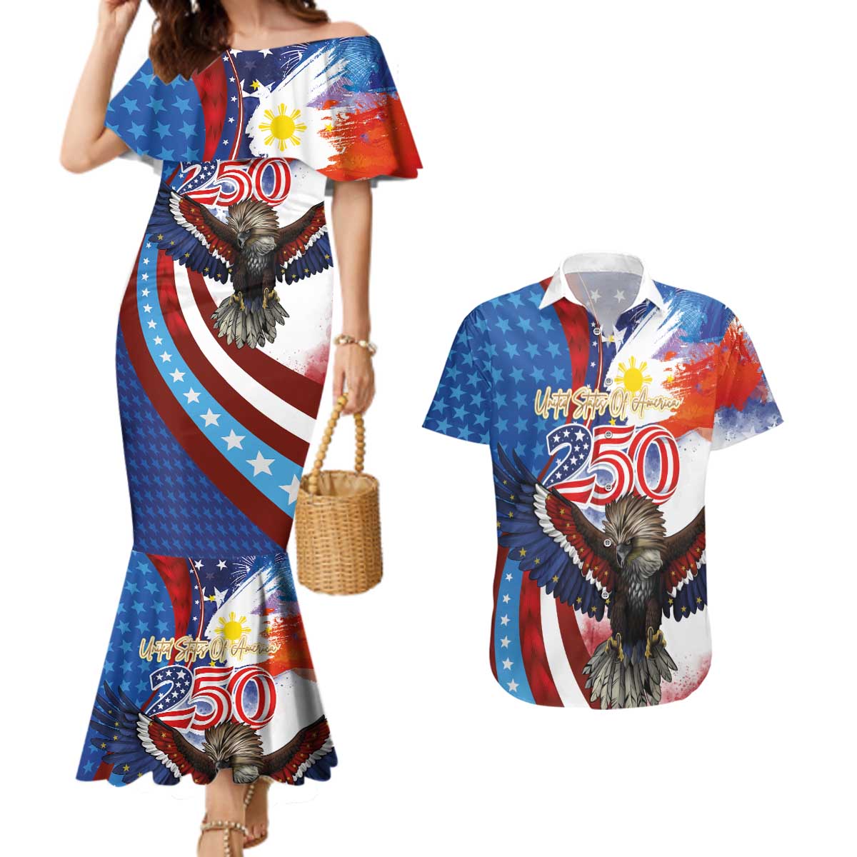 Philippines and United States Semiquincentennial Couples Matching Mermaid Dress and Hawaiian Shirt Eagle and National Flag Style LT03 Multicolor - Polynesian Pride