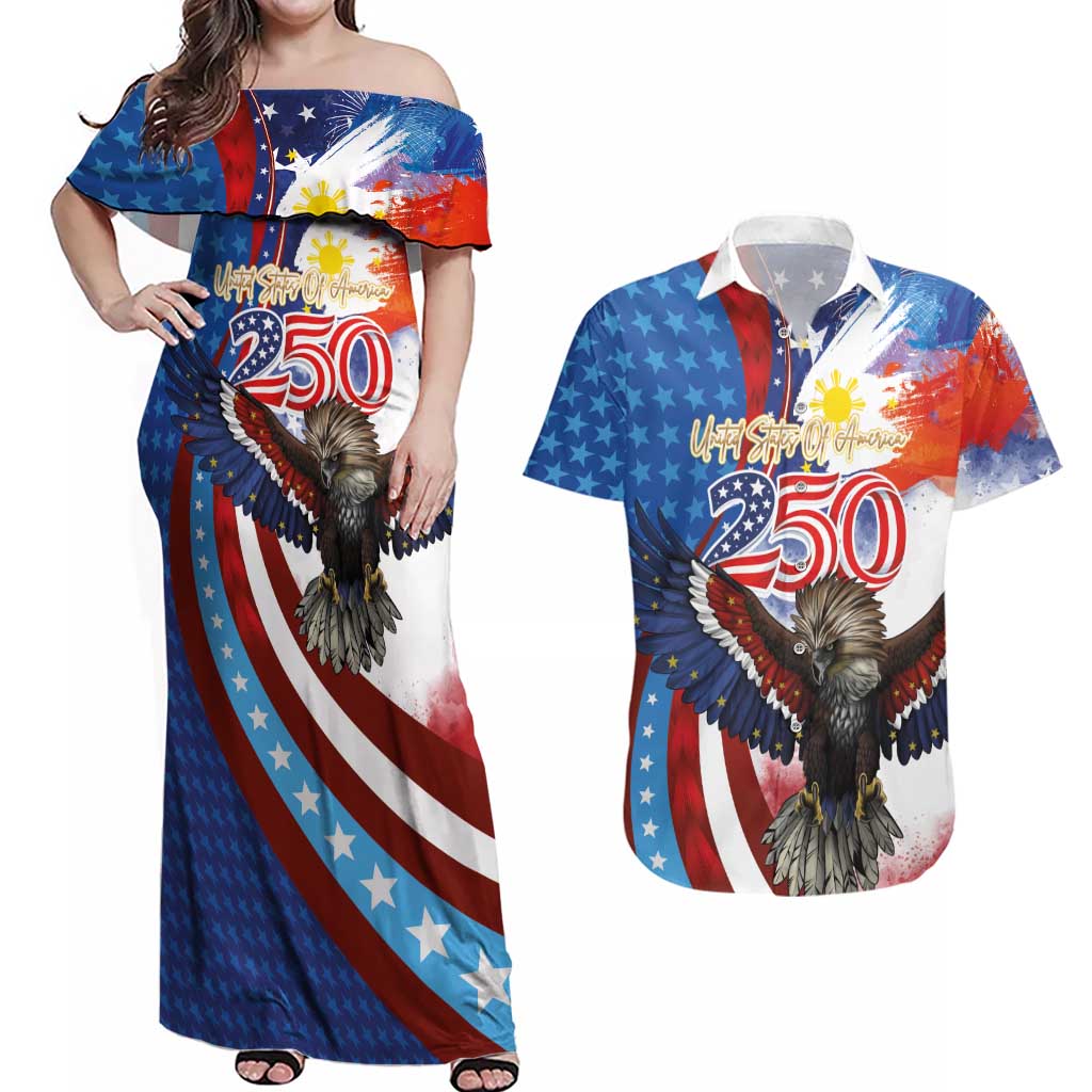 Philippines and United States Semiquincentennial Couples Matching Off Shoulder Maxi Dress and Hawaiian Shirt Eagle and National Flag Style