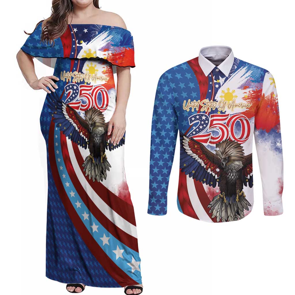 Philippines and United States Semiquincentennial Couples Matching Off Shoulder Maxi Dress and Long Sleeve Button Shirt Eagle and National Flag Style LT03 Multicolor - Polynesian Pride