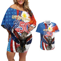 Philippines and United States Semiquincentennial Couples Matching Off Shoulder Short Dress and Hawaiian Shirt Eagle and National Flag Style LT03 Multicolor - Polynesian Pride