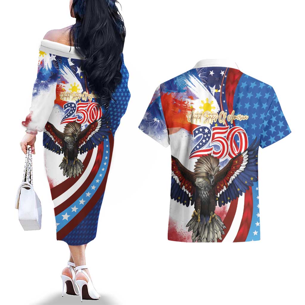 Philippines and United States Semiquincentennial Couples Matching Off The Shoulder Long Sleeve Dress and Hawaiian Shirt Eagle and National Flag Style LT03 - Polynesian Pride