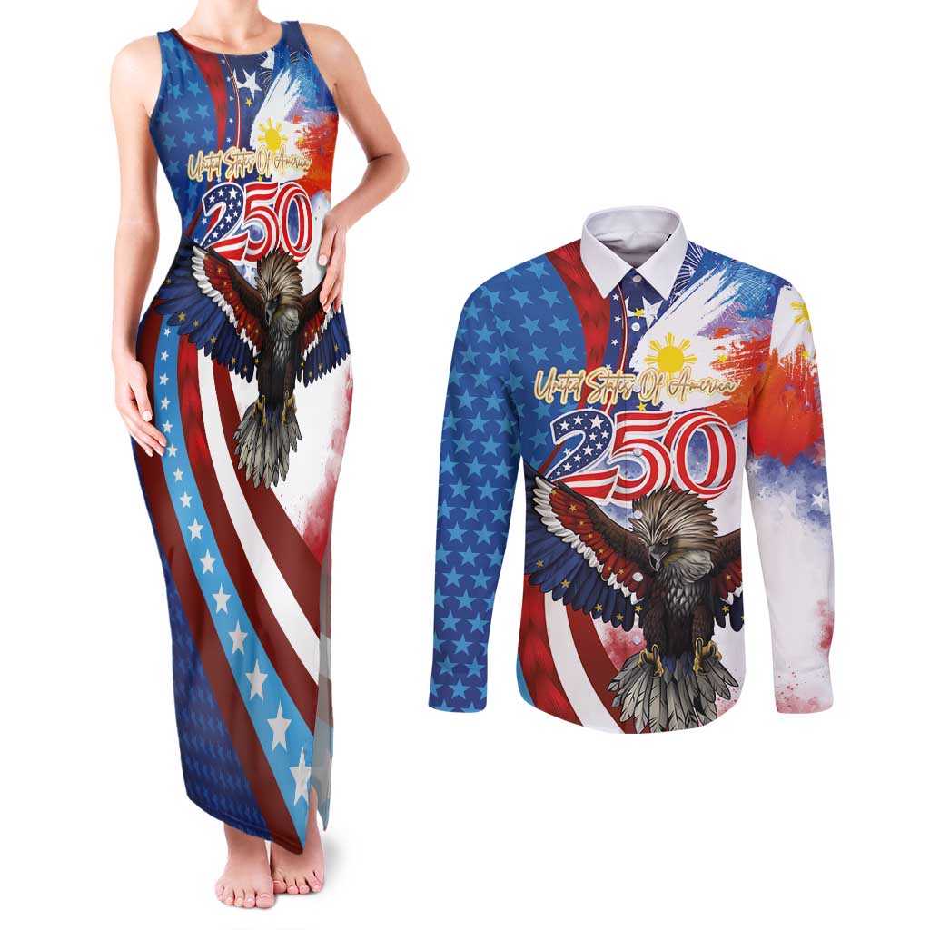 Philippines and United States Semiquincentennial Couples Matching Tank Maxi Dress and Long Sleeve Button Shirt Eagle and National Flag Style LT03 Multicolor - Polynesian Pride