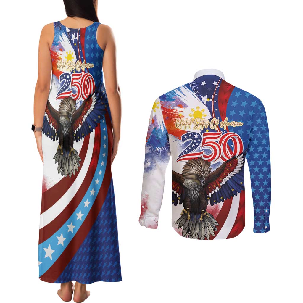 Philippines and United States Semiquincentennial Couples Matching Tank Maxi Dress and Long Sleeve Button Shirt Eagle and National Flag Style LT03 - Polynesian Pride