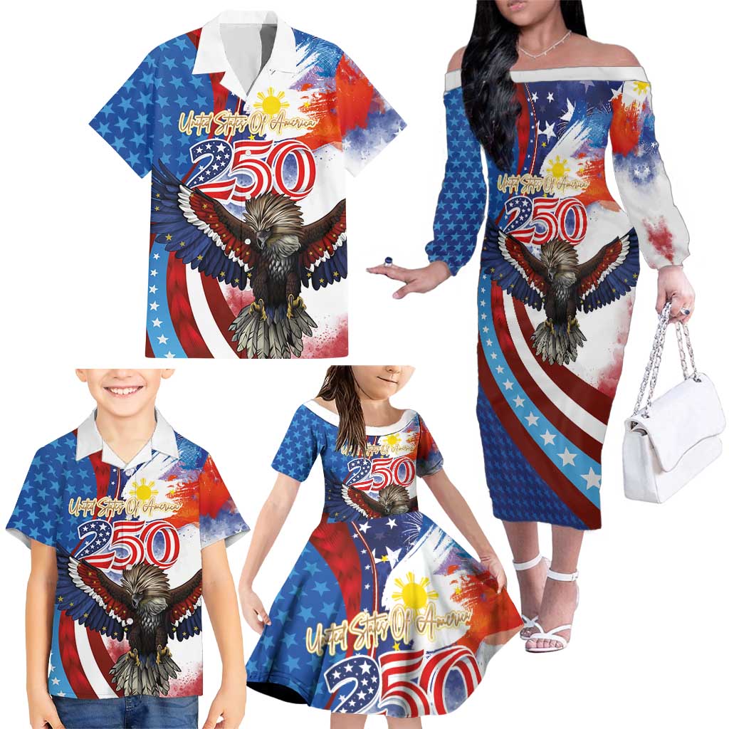 Philippines and United States Semiquincentennial Family Matching Off The Shoulder Long Sleeve Dress and Hawaiian Shirt Eagle and National Flag Style LT03 - Polynesian Pride