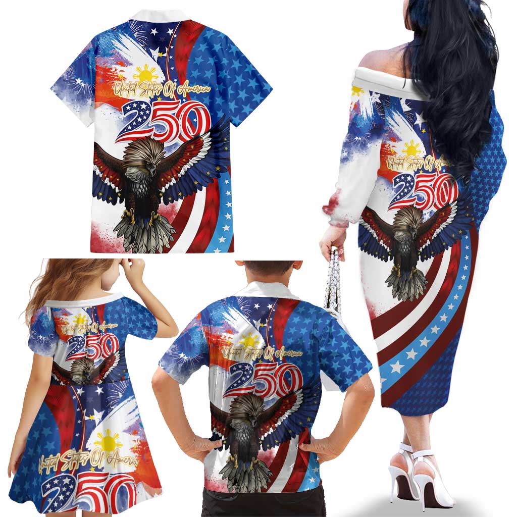 Philippines and United States Semiquincentennial Family Matching Off The Shoulder Long Sleeve Dress and Hawaiian Shirt Eagle and National Flag Style LT03 - Polynesian Pride