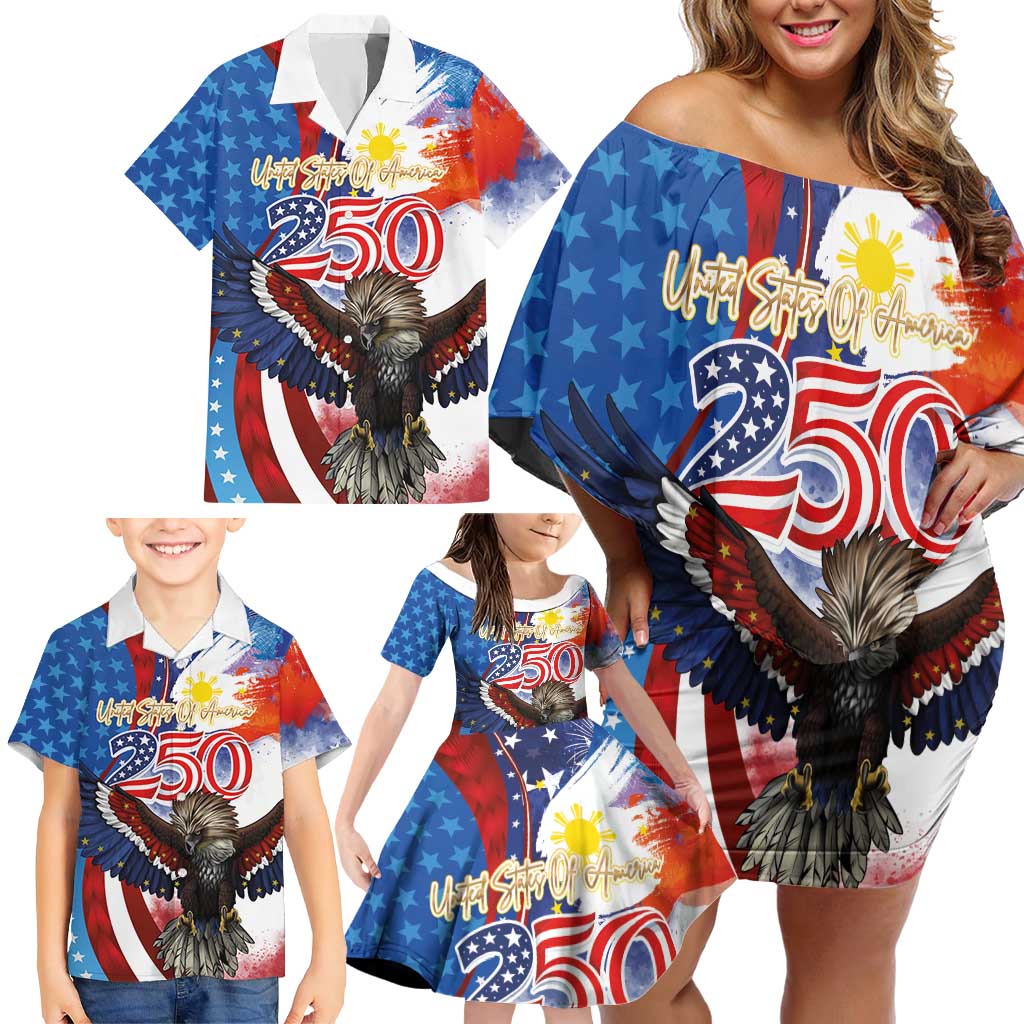Philippines and United States Semiquincentennial Family Matching Off Shoulder Short Dress and Hawaiian Shirt Eagle and National Flag Style LT03 - Polynesian Pride