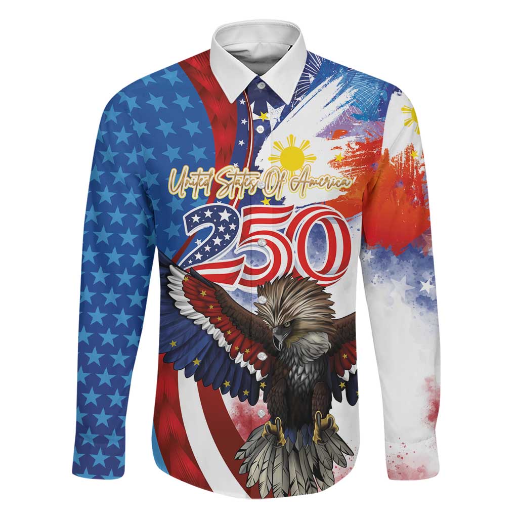 Philippines and United States Semiquincentennial Family Matching Off Shoulder Short Dress and Hawaiian Shirt Eagle and National Flag Style LT03 Dad's Shirt - Long Sleeve Multicolor - Polynesian Pride