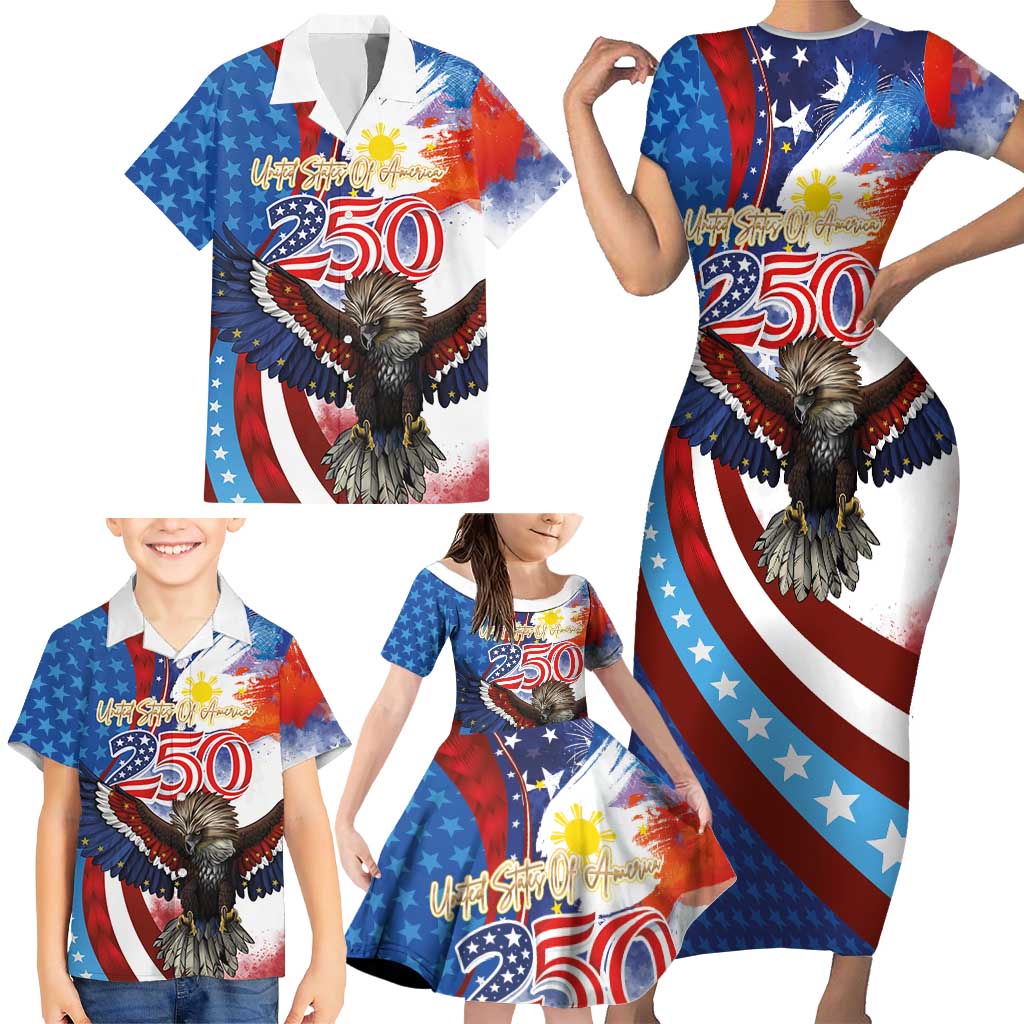 Philippines and United States Semiquincentennial Family Matching Short Sleeve Bodycon Dress and Hawaiian Shirt Eagle and National Flag Style LT03 - Polynesian Pride