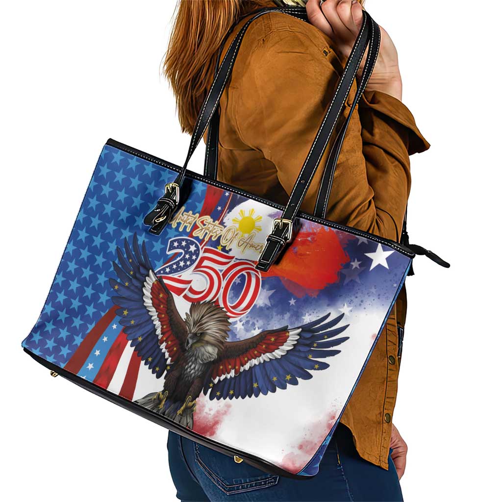 Philippines and United States Semiquincentennial Leather Tote Bag Eagle and National Flag Style
