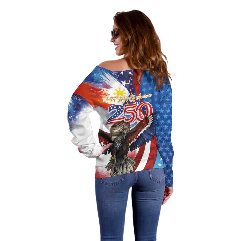 Philippines and United States Semiquincentennial Off Shoulder Sweater Eagle and National Flag Style