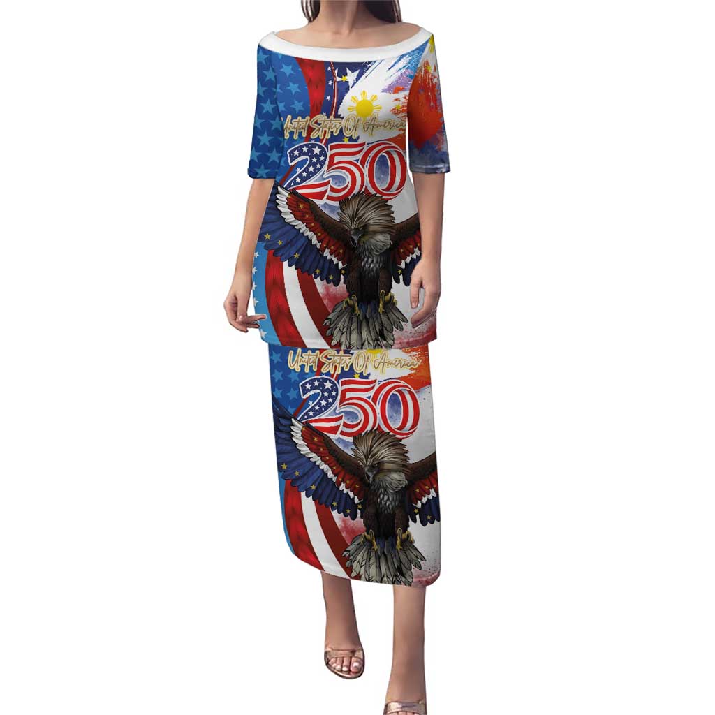 Philippines and United States Semiquincentennial Puletasi Eagle and National Flag Style LT03 Long Dress Multicolor - Polynesian Pride