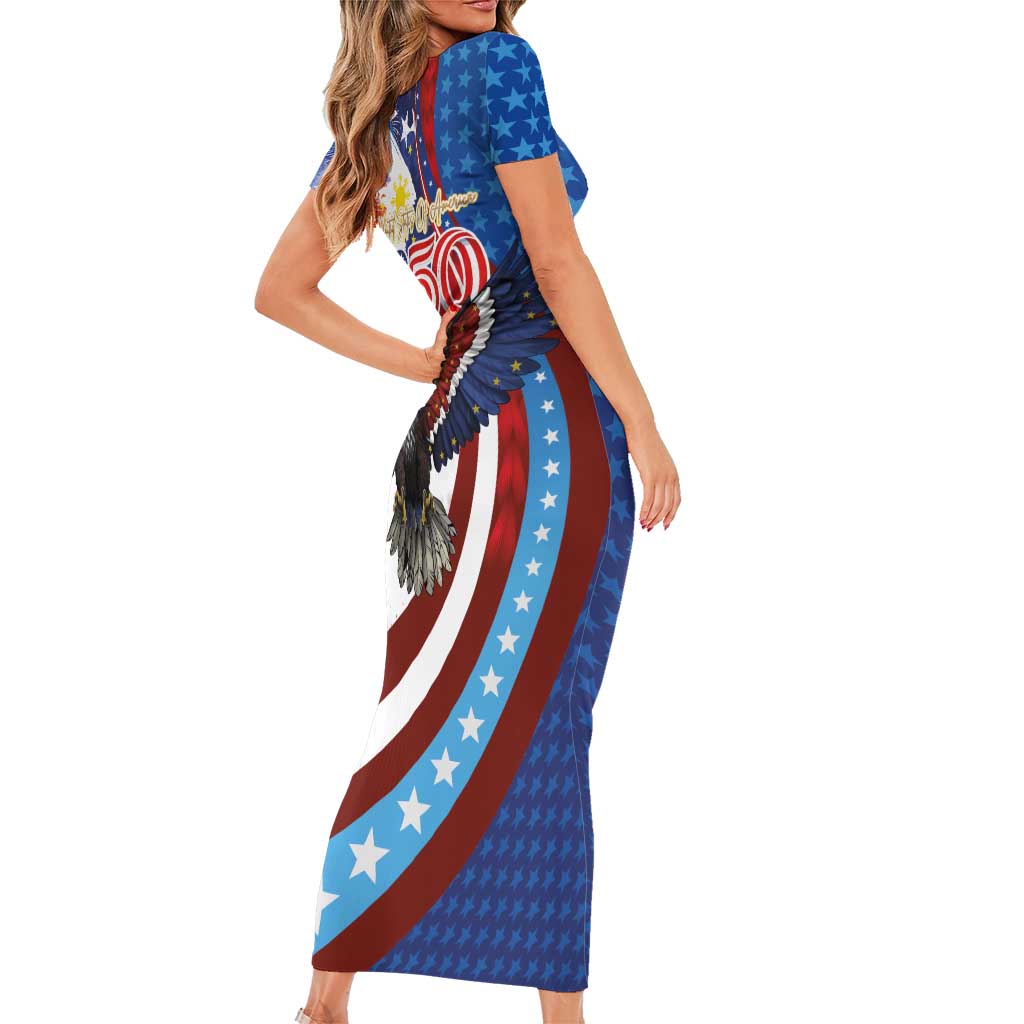 Philippines and United States Semiquincentennial Short Sleeve Bodycon Dress Eagle and National Flag Style