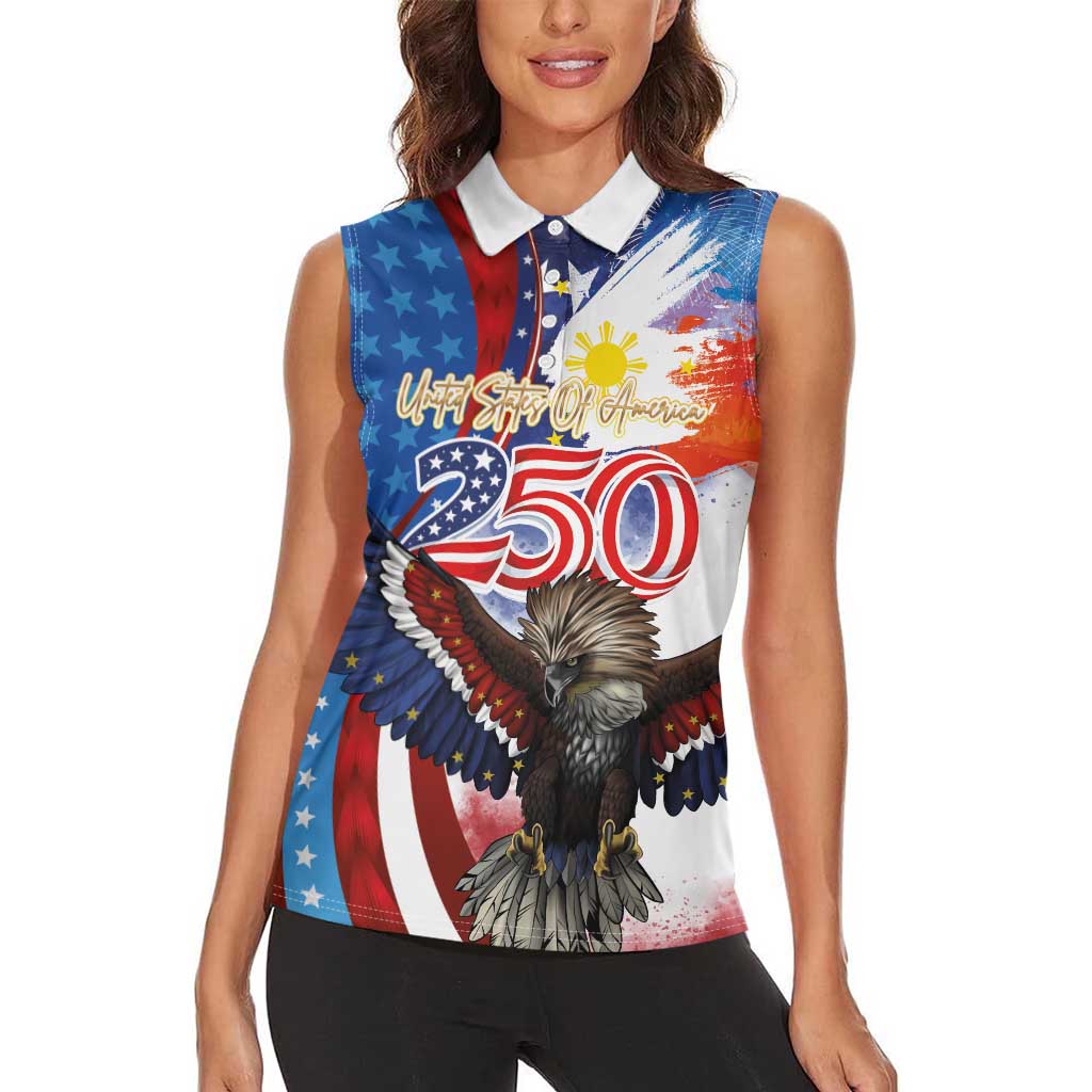 Philippines and United States Semiquincentennial Women Sleeveless Polo Shirt Eagle and National Flag Style LT03 - Polynesian Pride