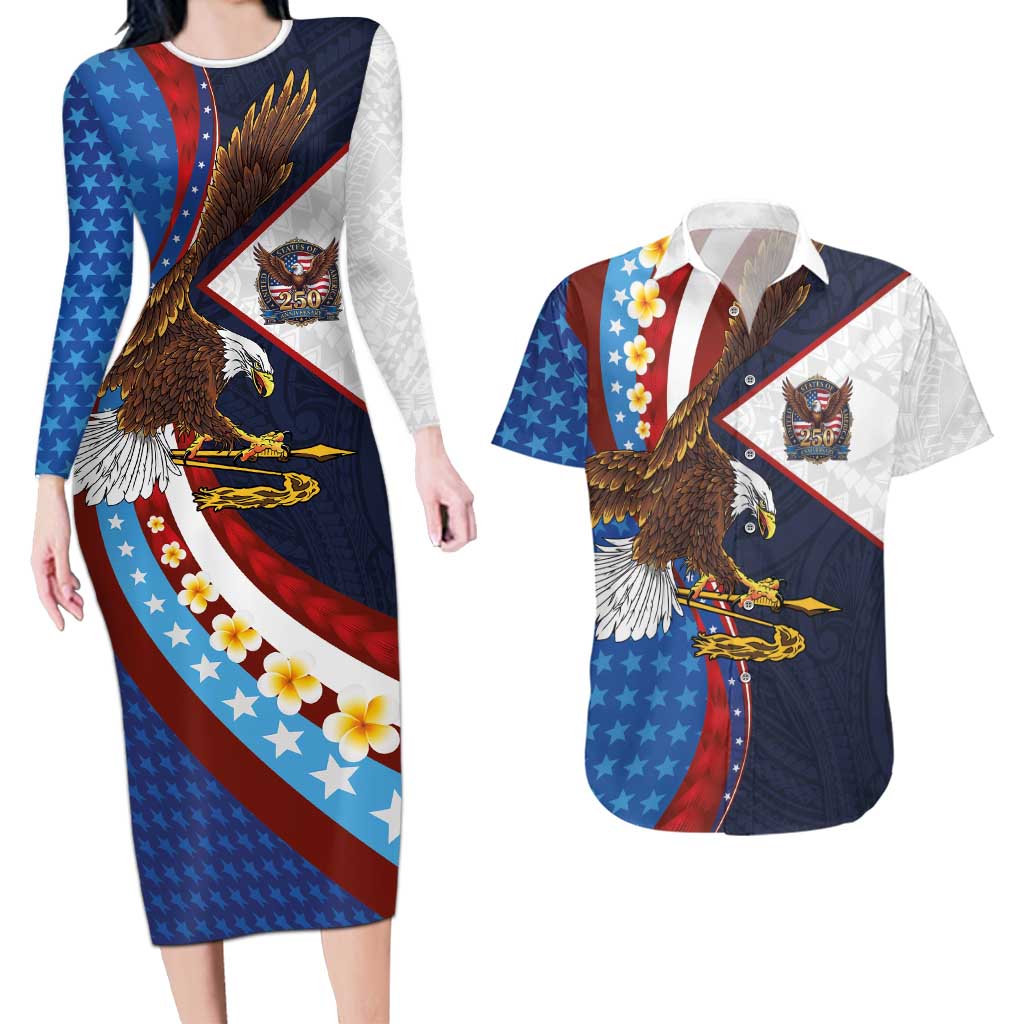 American Samoa and United States Semiquincentennial Couples Matching Long Sleeve Bodycon Dress and Hawaiian Shirt Bald Eagle with National Flag Style LT03 Multicolor - Polynesian Pride