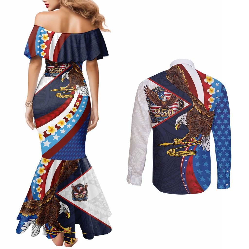 American Samoa and United States Semiquincentennial Couples Matching Mermaid Dress and Long Sleeve Button Shirt Bald Eagle with National Flag Style LT03 - Polynesian Pride